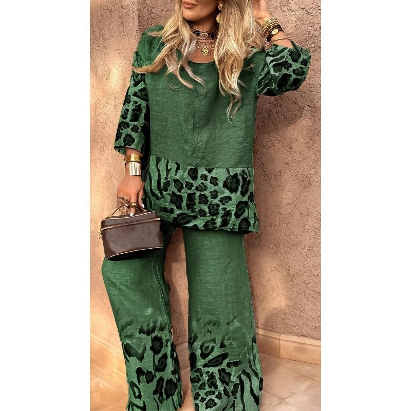 Women's Half Sleeved top and Pants Retro 2-Piece Set with Leopard Print lace and T-Shirt Wide Leg Pants Set4