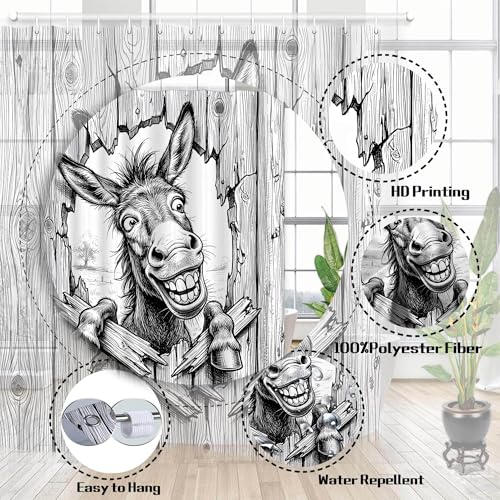 Image of Boziqr Funny Donkey Shower Curtain, Fun Black White Donkey Shower Curtains for Bathroom Peeking Funny Cute Animal Rustic Farmhouse Bath Curtain Decor, 69 X 75 Inch