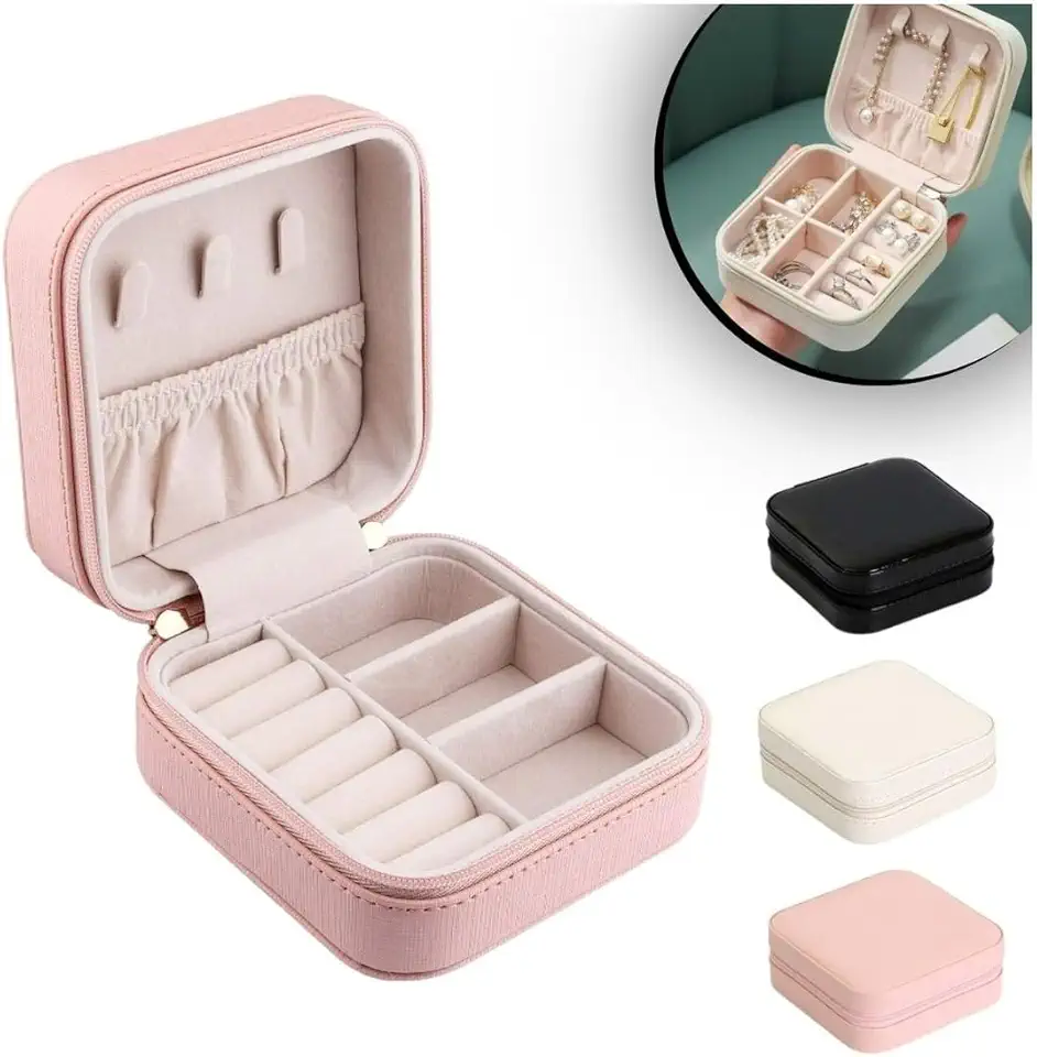Porta Jóias de Couro com Forro de Veludo: Estojo Compacto e Resistente com Zíper para Viagem e Organizador Multifuncional Estilo e Segurança para Anéis, Pulseiras e Colares - NEXUS MARKET (ROSA)