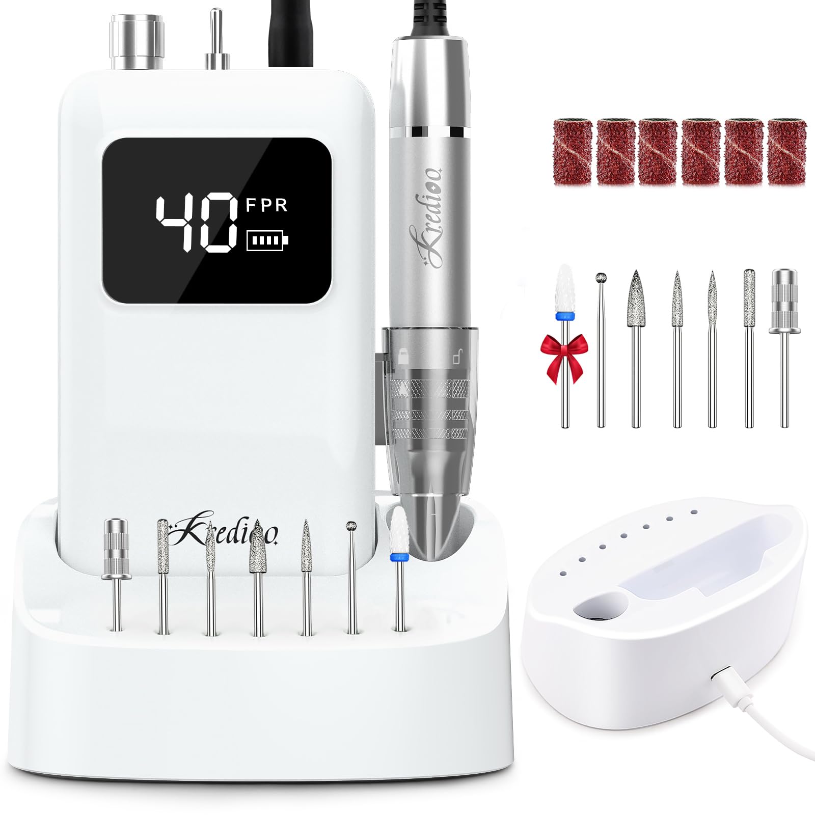 Photo 1 of Kredioo Professional Nail Drill Brushless 40,000RPM Rechargeable 2-in-1 Portable Electric Nail File Ultra Silent Salon Must Haves Nail Tool Kit Removing Acylic Gels