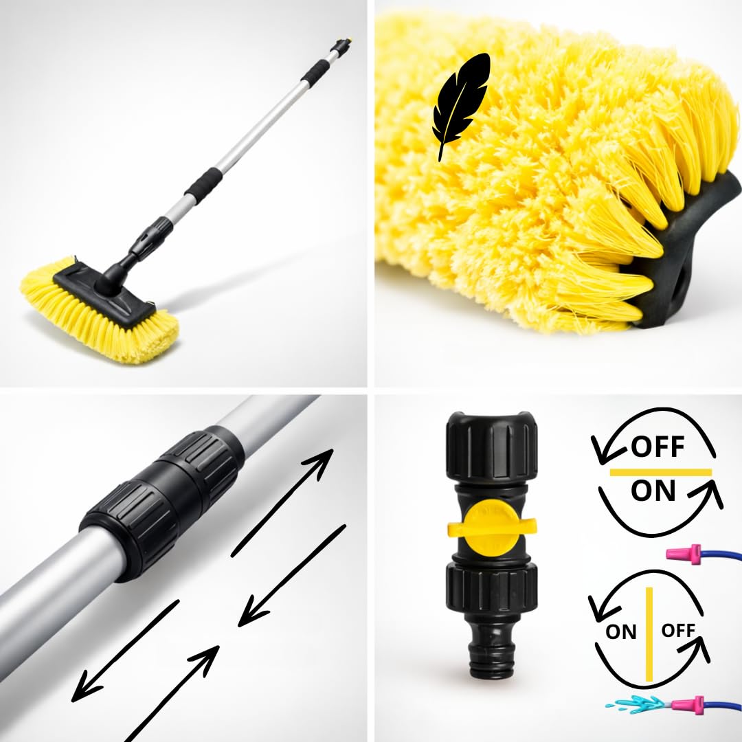Cepillo de lavado para coche con mango telescópico de aluminio de hasta 250 cm con entrada de agua y interruptor de encendido/apagado flexible para coches, camiones, SUV y cepillos de lavado