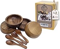 Vista 9 de Juego de 4 pequeños tazones redondos de madera de acacia de 10 cm de diámetro con cucharas - Juego de tazón apilable para mezclar ensalada, sopa
