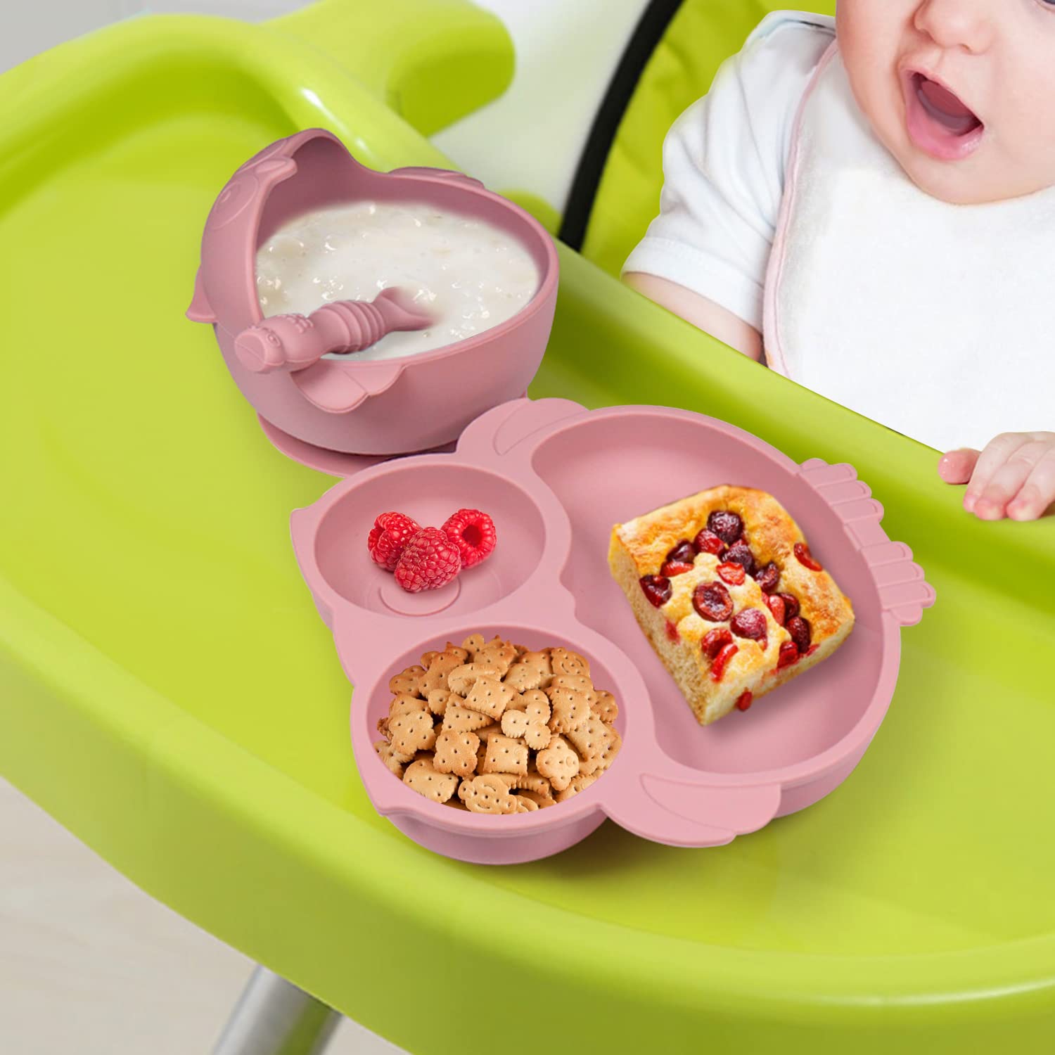 Owl Shape Silicone Baby Feeding Set, Toddler Suction Plates and Bowls Set with Spoons, Kids Silicone Dinnerware Set Eating Utensils, Pink