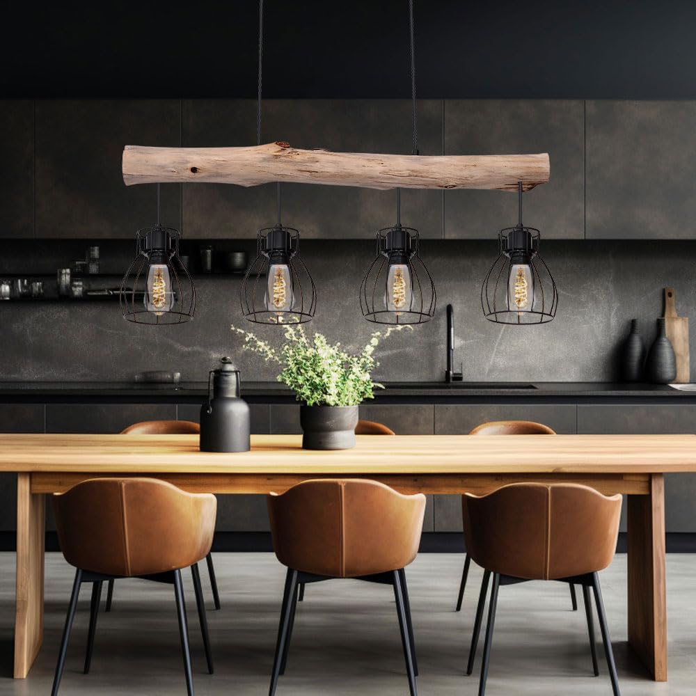 GLOBO Design Decken Hänge Leuchte Holz Balken Pendel Spot Ess Zimmer Retro Gitter Lampe 15326-4N
