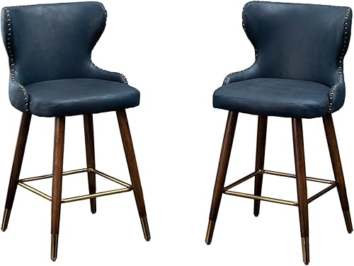 Roundhill Furniture Nevis Mid-Century - Juego de 2 taburetes modernos de piel sintética con adornos de clavos, color azul