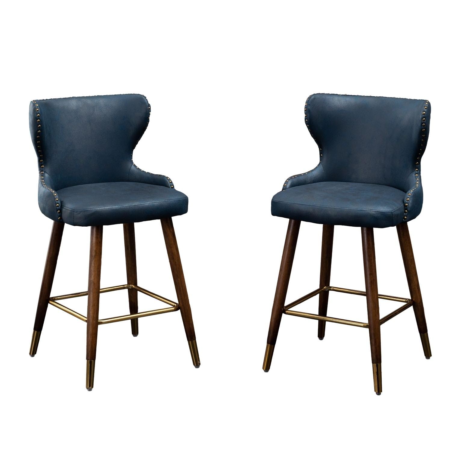 Roundhill Furniture Nevis Mid-Century Modern Faux Leather Tufted Nailhead Trim Counter Stool Set of 2, Blue