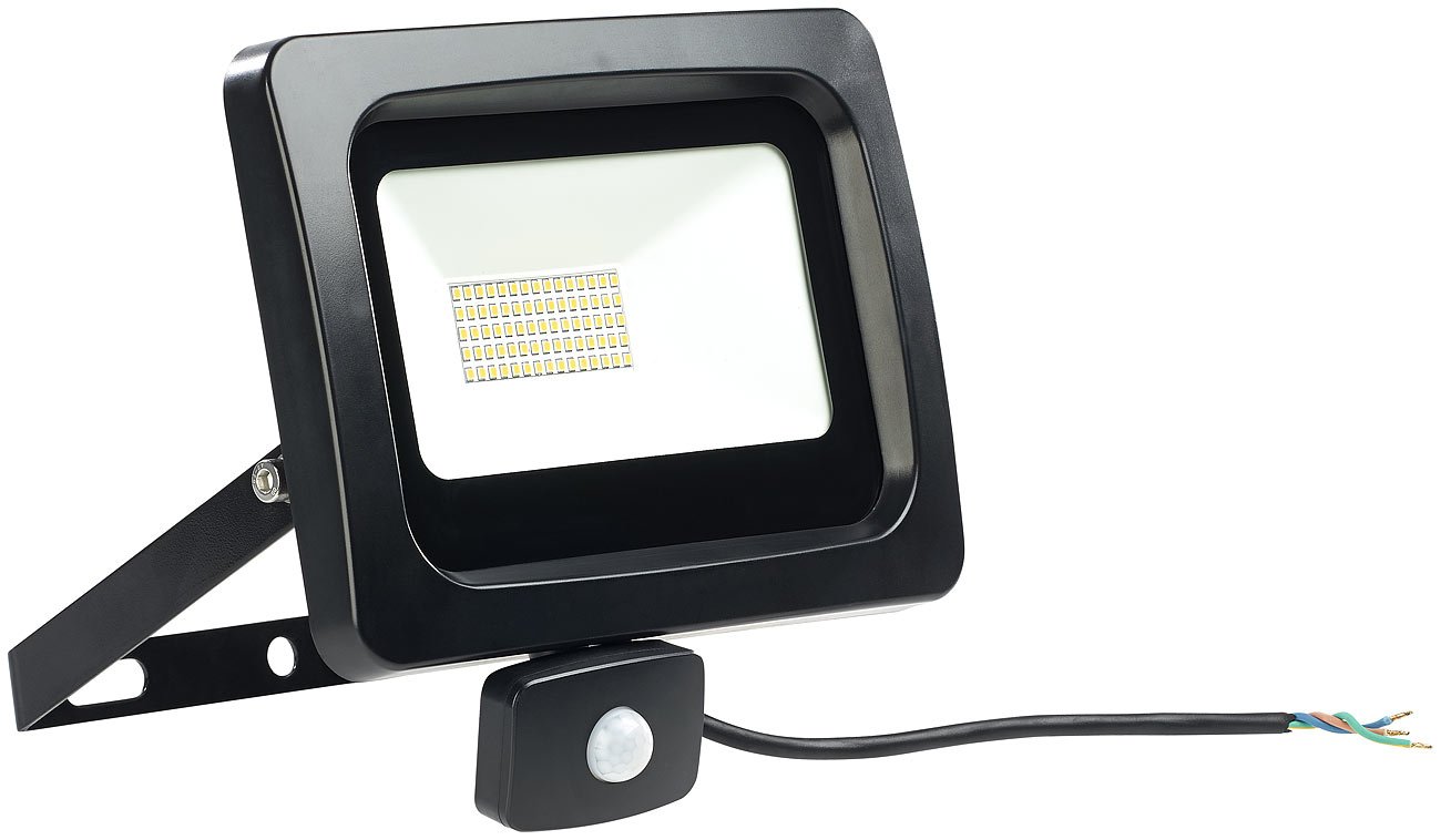 Luminea LED-Strahler Sensor: Mini-LED-Fluter, PIR-Sensor, 50 Watt, 4.000 lm, tageslichtweiß, IP44 (Flutlicht Bewegungsmelder, Fluter mit Bewegungsmelder außen, Garten)