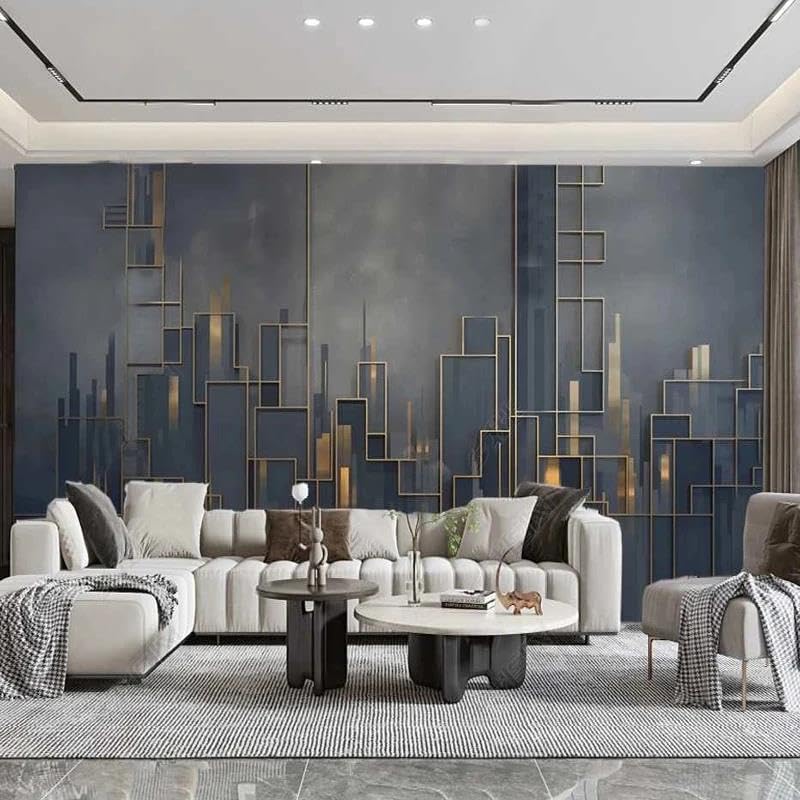 Papier peint mural abstrait géométrique doré bleu soie grand format 380