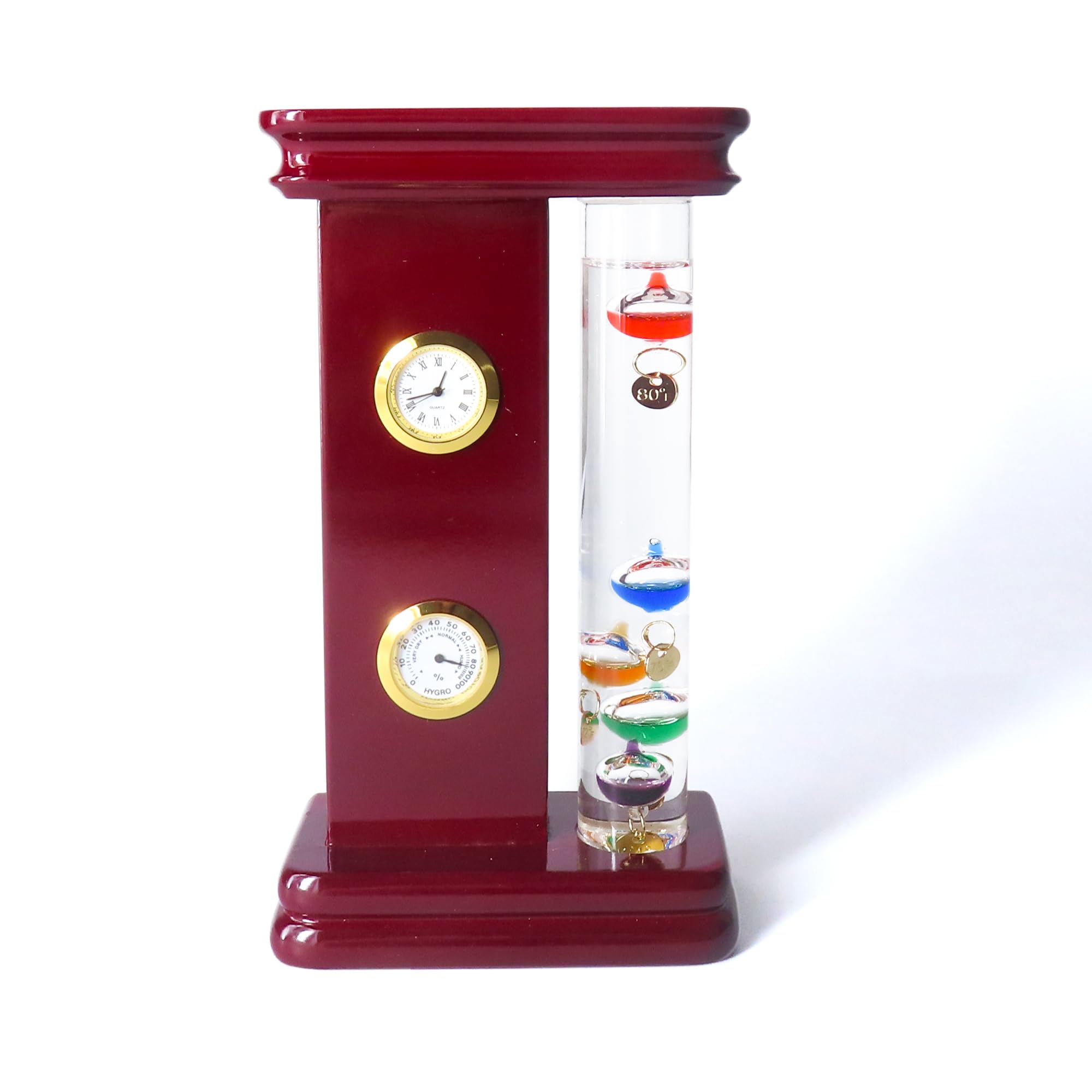 Lily's Home Analog Weather Station with Galileo Thermometer, Quartz Clock, and Hygrometer, Glass Wood Frame Galileo Thermometer for Indoor Home Decor (4.2"X2.2"X7.1")