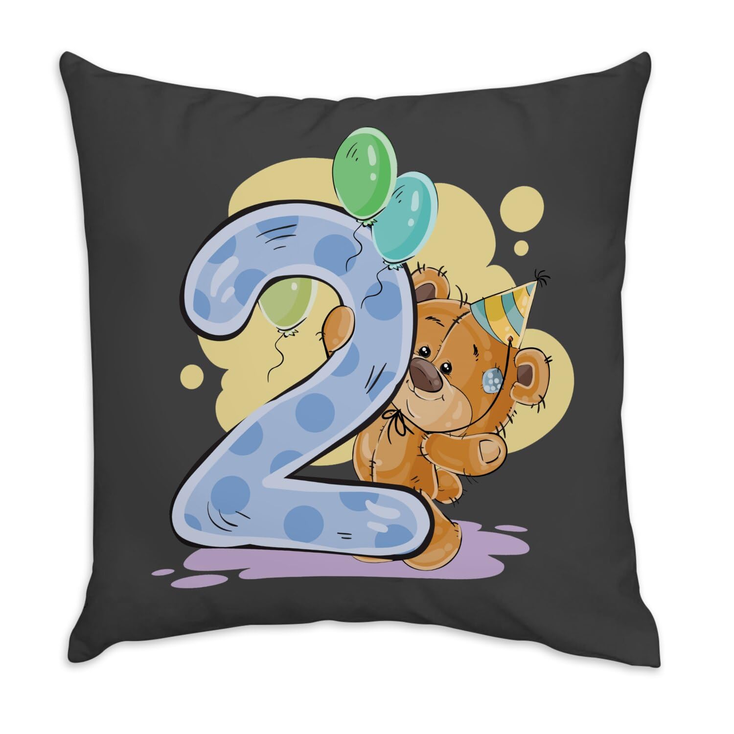 Coussin en velours noir cadeau anniversaire 2 ans illustration ourson dessin 40x40cm