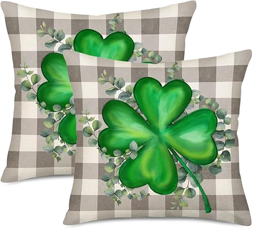 Miniatura 1 de Fukeen Juego de 2 fundas de almohada de trébol verde del Día de San Patricio de 16 x 16 pulgadas, fundas de almohada de algodón y lino con hojas de