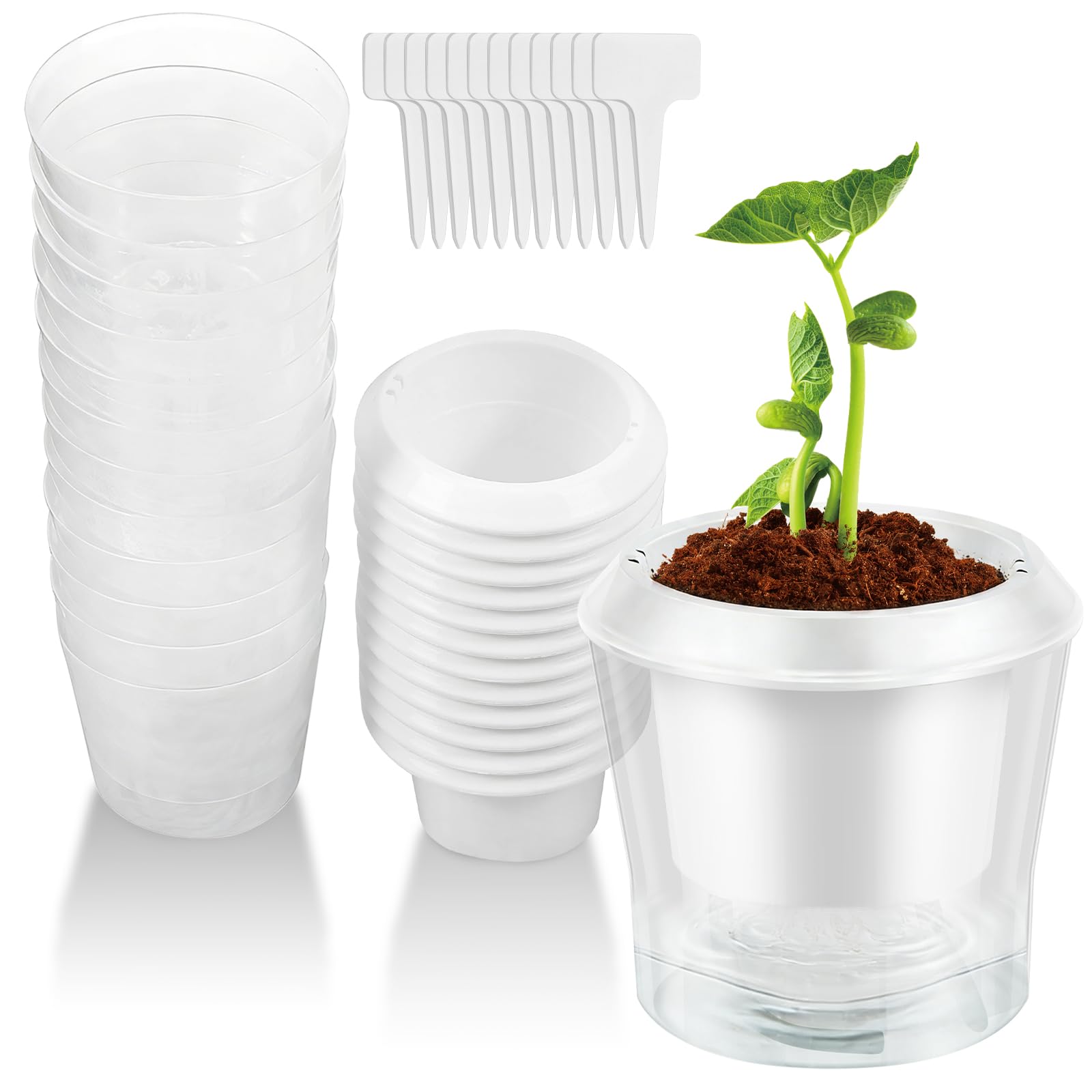 12Pack Self Watering Plant Pot Indoor, Small Clear Plastic Plastic Plant Pot with Visual Water Level Window, Flower Pots with Reservoir Drainage Holes and Labels for Propagation Cutting Seeding