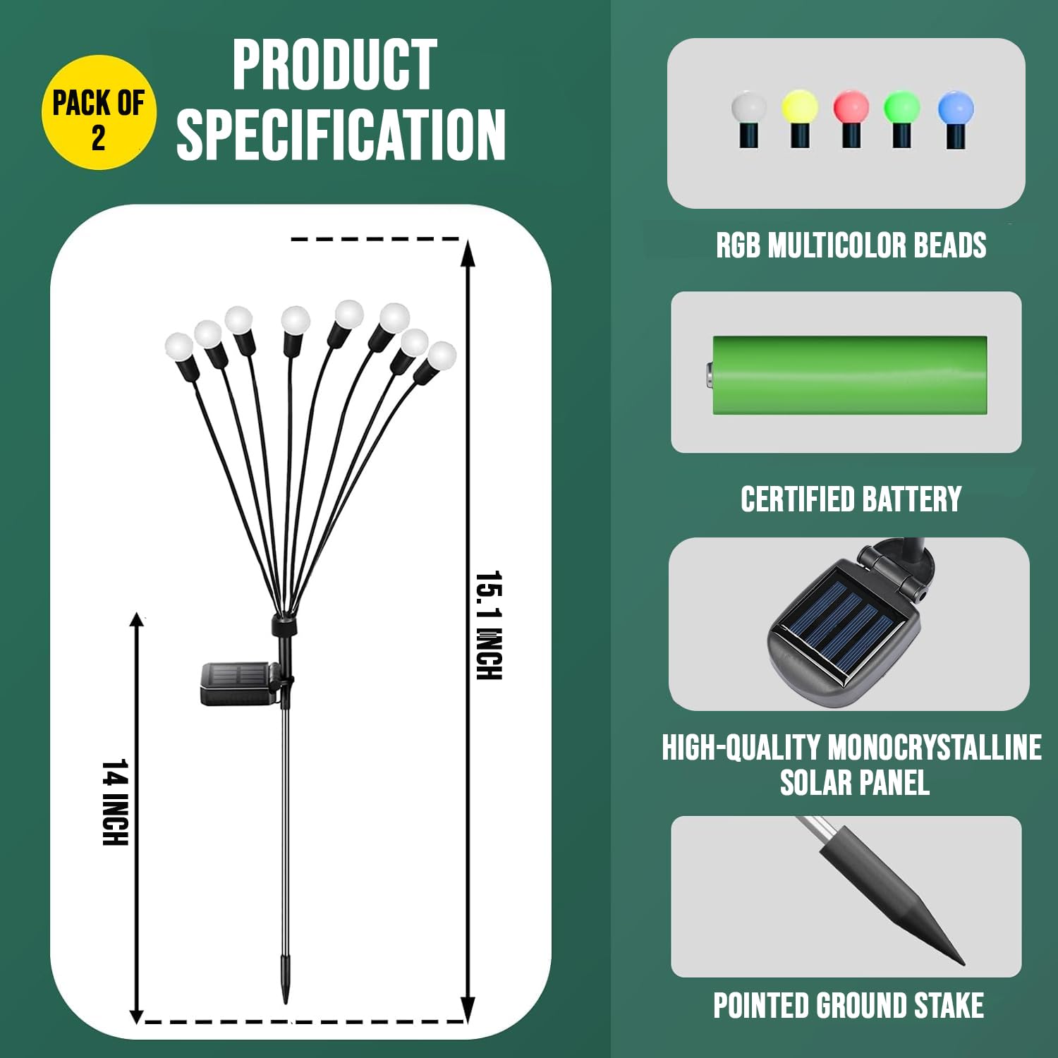 GIGAWATTS GW-302WW Solar Firefly Light with 3V Panel 600mAh Battery BIS Approved IP65 Waterproof Starburst Swaying Ground Outdoor Lamp for Garden Lawn Patio Pathway (Pack of 2, Multicolor) - Image 2 thumbnail