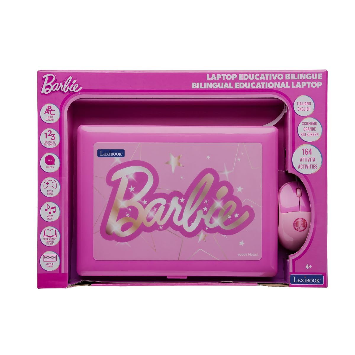 Lexibook, Barbie laptop edukacyjny, dwujęzyczny, angielski i włoski, 164 aktywności, matematyka, gra logiczna, tryb muzyczny, duży ekran LCD, design Barbie, różowy, JC601BBi5LXB