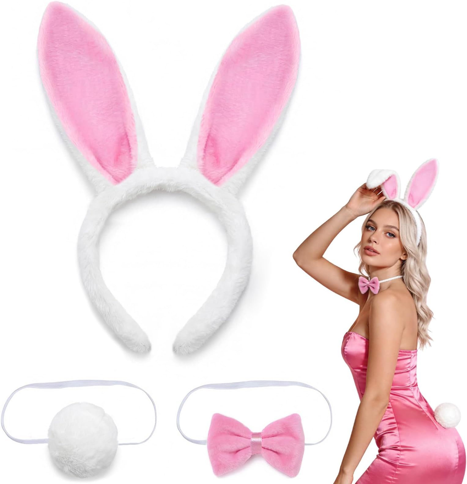 Lysjoy Rabbit Ears Headband Set, Rabbit Ears with Bow Tie and Tails, Easter Bunny Costume Adults, Rabbit Ears Costume Women, Easter Bunny Costume for Carnival, Halloween, Easter, Cosplay (Pink)