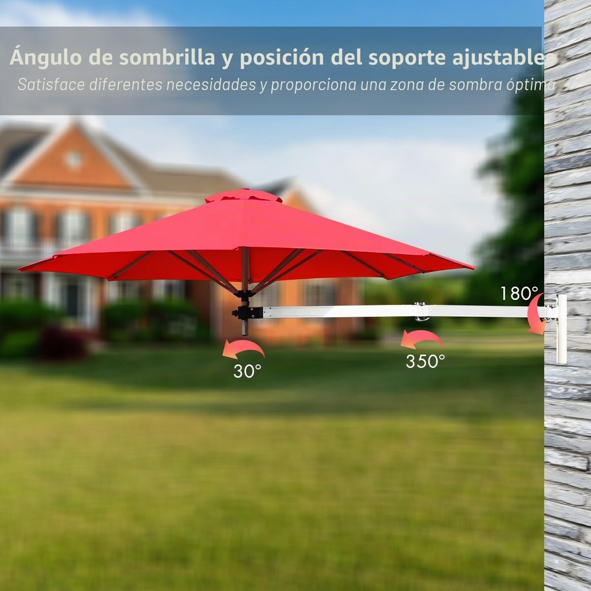 RELAX4LIFE Sombrilla de Pared Ø250 cm Giratoria 350° Horizontalmente y Inclinable 30° Verticalmente, Sombrilla Terraza Exterior con 8 Varillas de Aluminio, Protección UV50+ y Ventilación