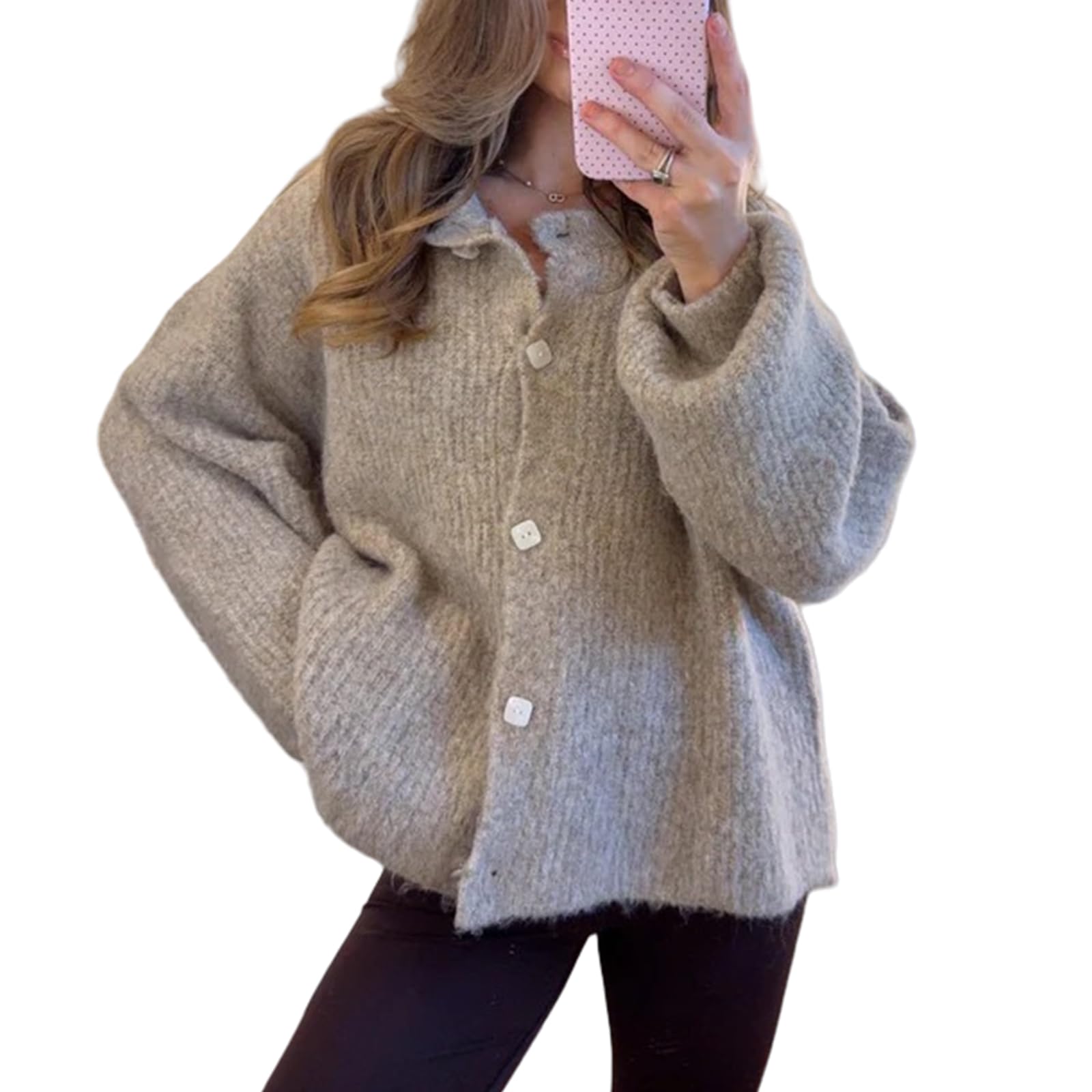 Womens Cute Oversized Cardigan Sweaters Button Down Open Front Cardigan Puff Long Sleeve Knit Outerwear Coats