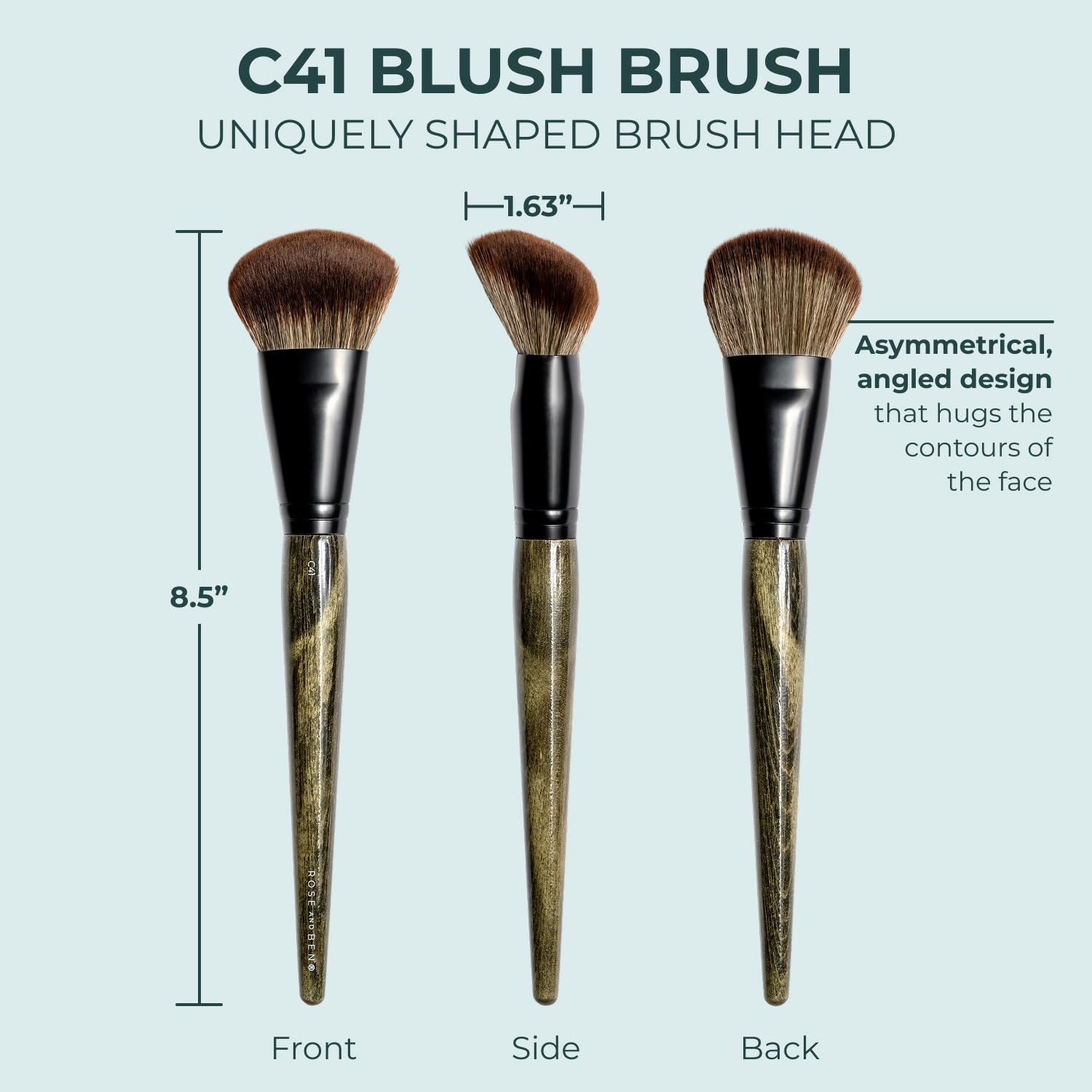 Rose and Ben Beauty Brocha para rubor, cepillo profesional para una aplicación de maquillaje impecable, no desprende pelo en ángulo y libre de crueldad animal para cosméticos prensados, en polvo y
