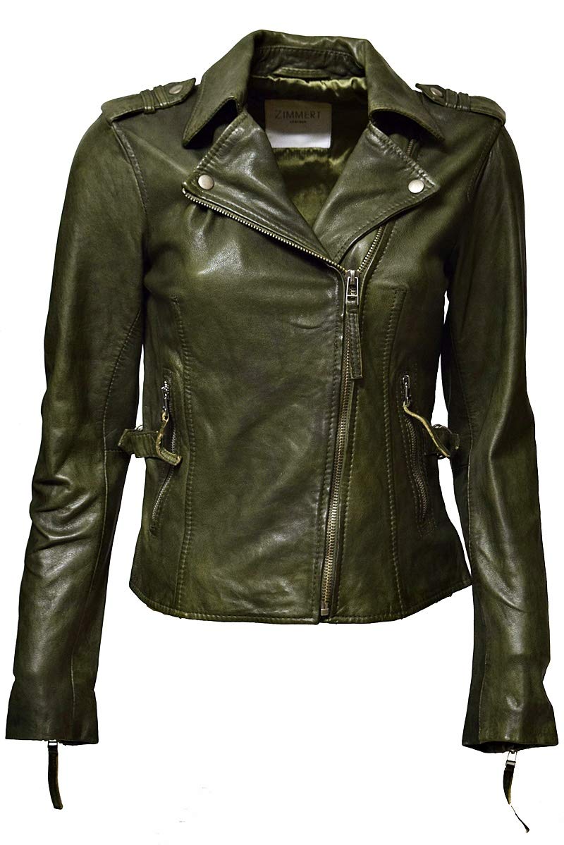Damen Biker Lederjacke Amalia Lammnappa Braun Grün Khaki Whisky