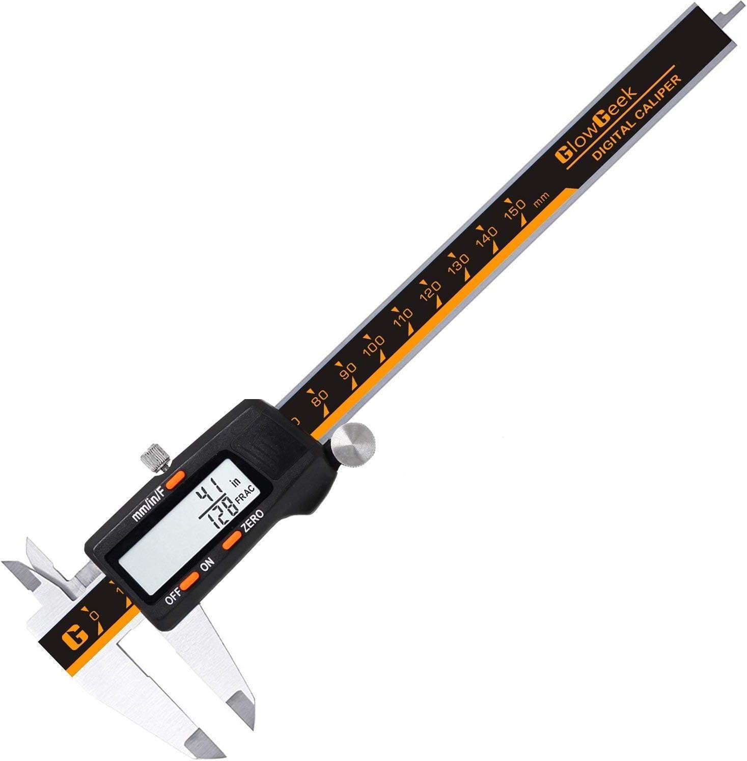 Quality Electronic Digital Caliper Inch/Metric/Fractions Conversion 0-6 Inch/150 mm Stainless Steel Body Orange/Black Extra Large LCD Screen Auto Off Featured Measuring Tool