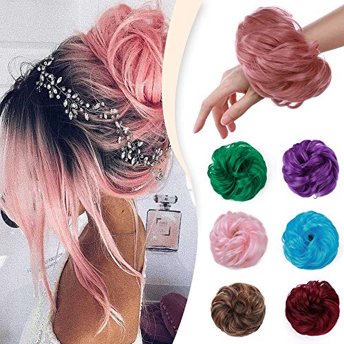 Updo Hair Bun Synthetic Hair Extensions Messy Wavy Chignon Bride Donut Scrunchy Hairpieces 1 Piece for Halloween Christmas T2312 Pink-Thicker