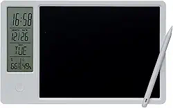 Calendário digital eletrônico com tela LCD de 9,5 polegadas, placa de notas e caneta, visor de hora, dia, temperatura e umidade para escritório, estudante, casa, trabalho, branco