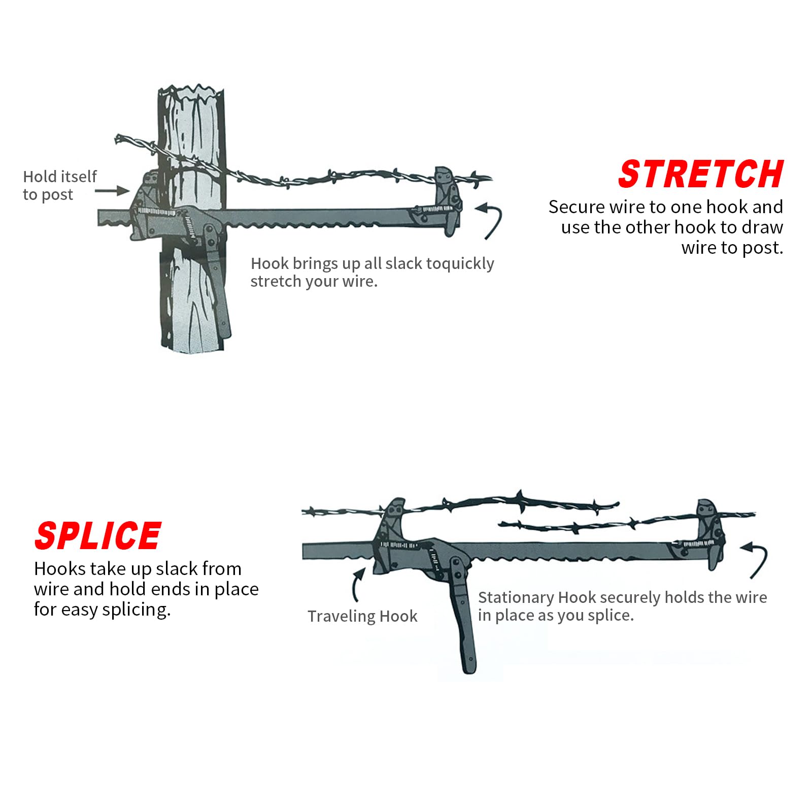 Heavy Duty Steel Wire Fence Stretcher & Splicer Tool - 32 Inch Ratchet Tool For Barbed & Smooth Wire