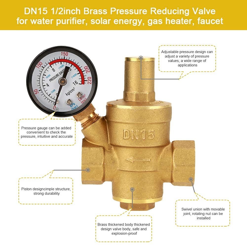 Pressure Reducing Valve, DN15 Brass Adjustable Water Control Pressure Regulator Valve Thread with Gauge Meter - Image 3