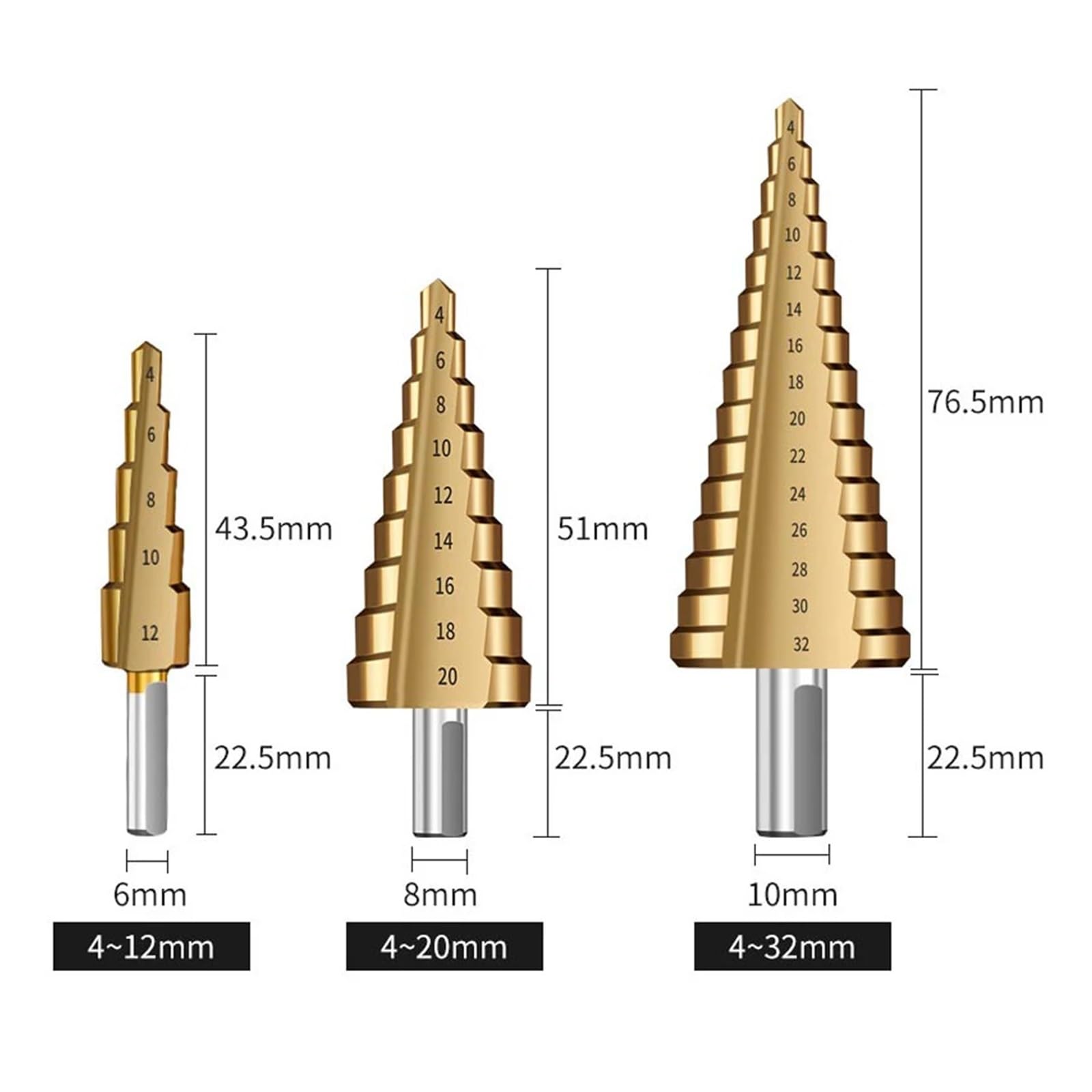 Broca escalonada ranurada en espiral, 6PCS 4 32mm 8mm Broca escalonada Juego de brocas for sierra