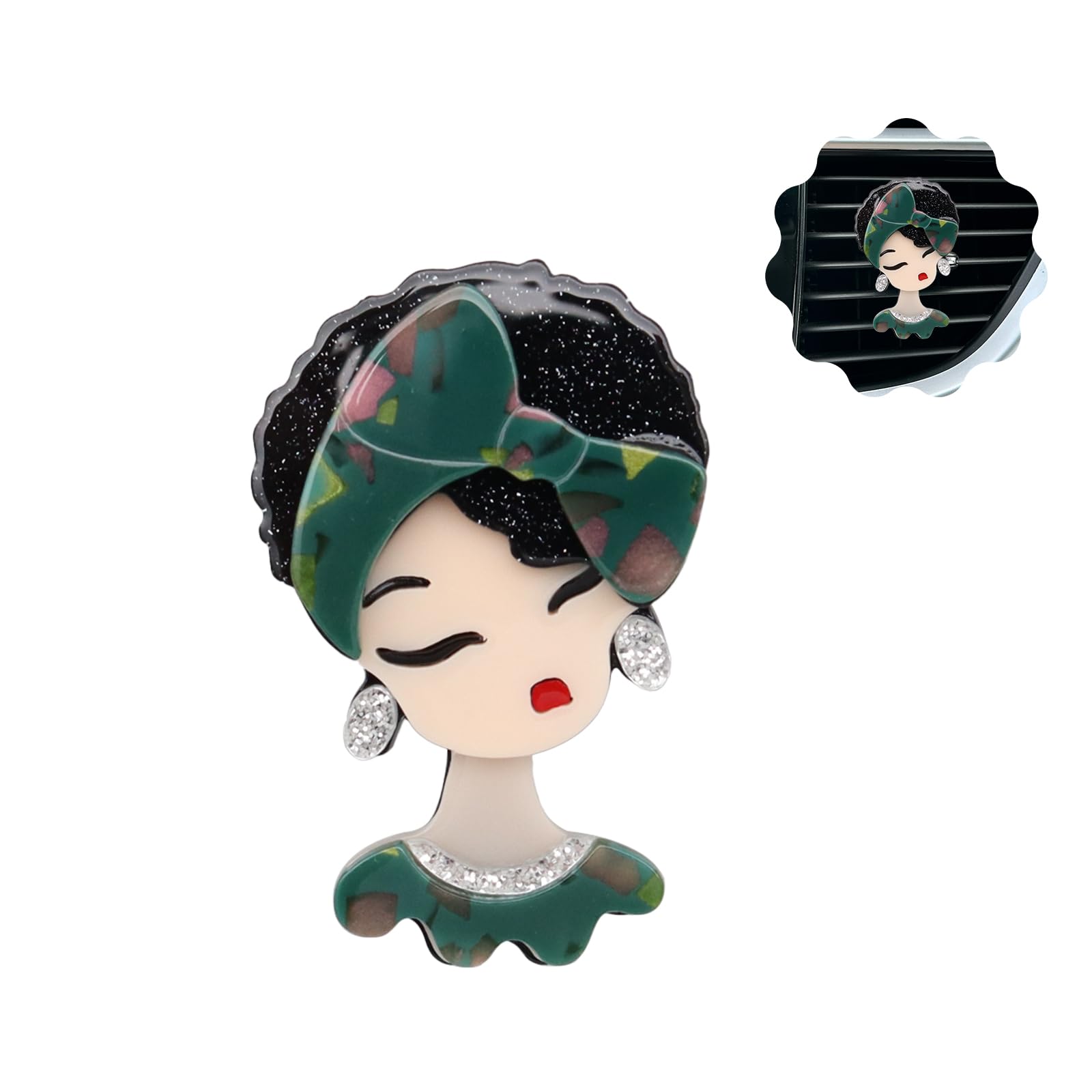 ORIESSE Green Bow Lady Car Air Freshener Vent Clips Refillable Car Aroma Diffuser Cute 3D Acrylic Cartoon Essential Oil Car Scents Decoration Outlet Clips Bling New Car Accessories