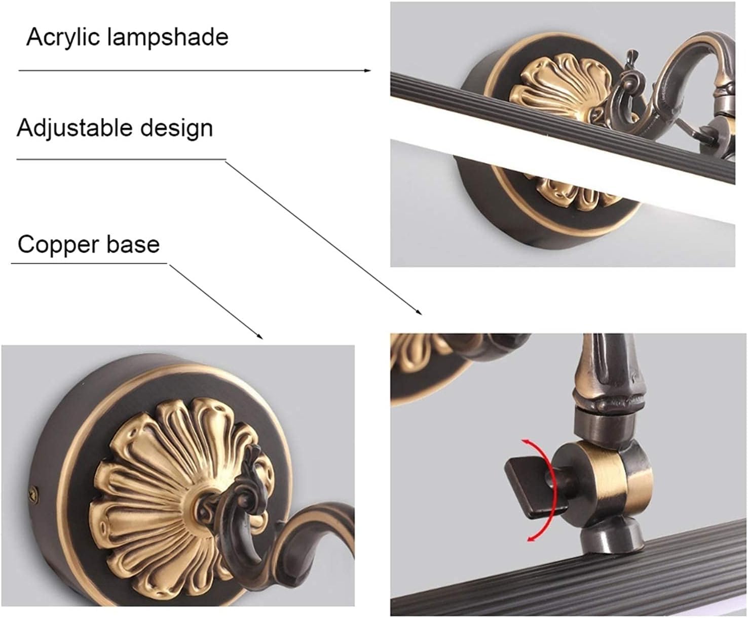 Aplique De Espejo Led Totalmente De Cobre - Lámpara De Tocador De Pared para Pasillo Y Vestidor, Iluminación Elegante, Diseño Moderno.,Black-56cm