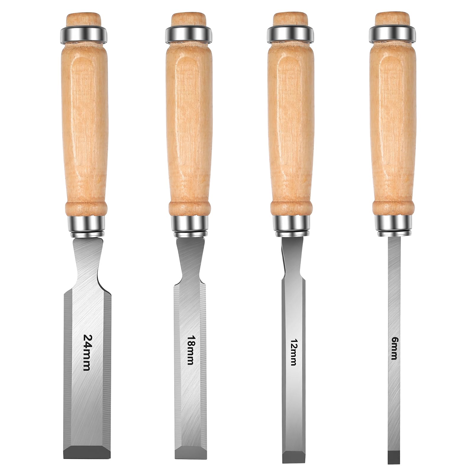 4 Pcs Formones para Madera, 6/12/18/24 mm Cinceles para Madera, Herramientas para Trabajar la Maderas con tapa de impacto para herramientas de tallado de maderas