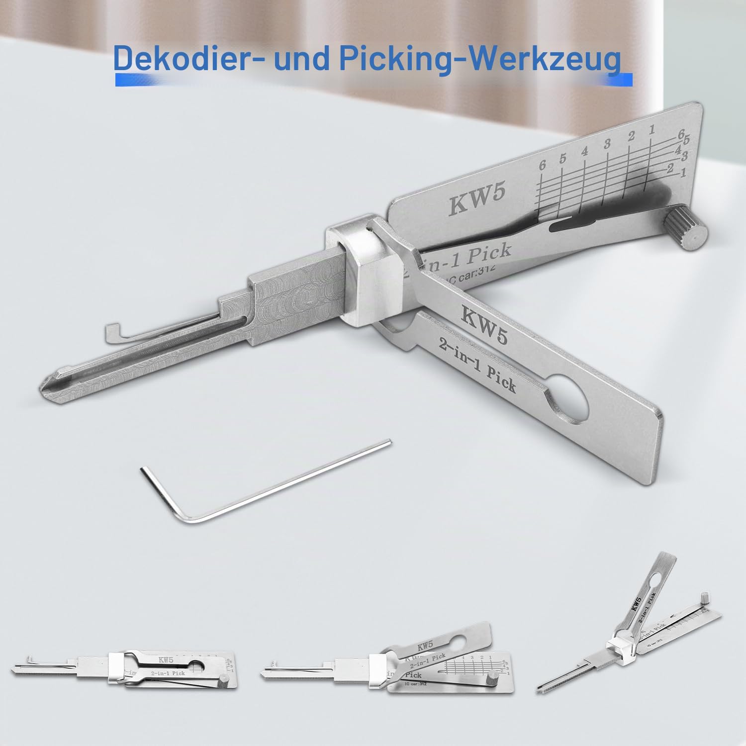 Kw5 2-in-1 Dietrich- und Decoder-Werkzeug, Eisen-Master-Schlüssel-Decoder, professionelles Schlosser-Werkzeug, Autoschlüssel-Lesegerät, Edelstahl-Auto-Lock-Picking-Kit für Anfänger