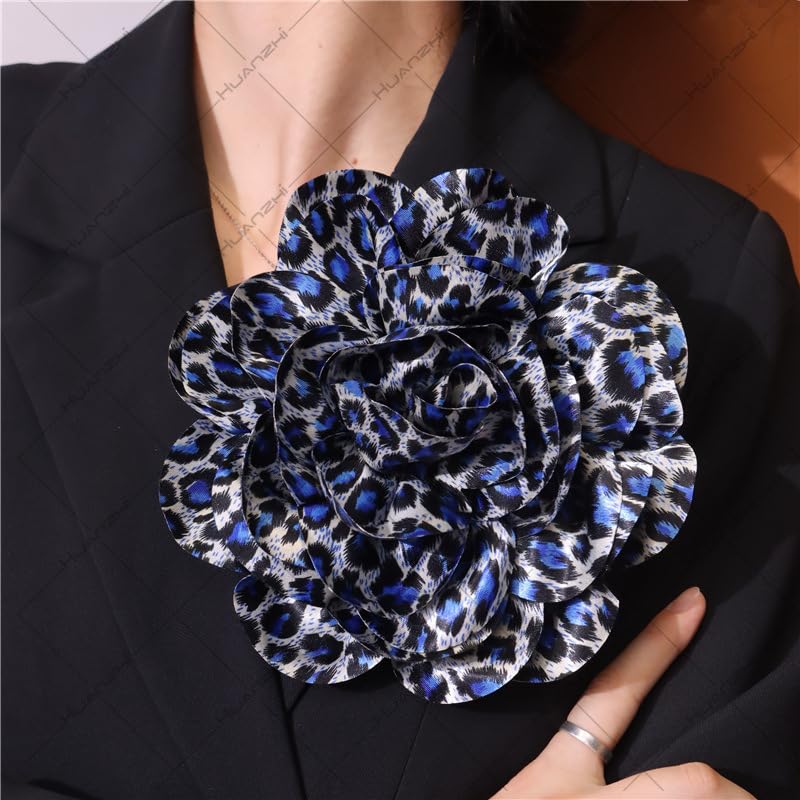 Image of Satin Fabric Rose Flower Brooches Dainty Leopard print Dyed Large Brooches Pins for Women Elegant Rose Flower Brooches Wedding Party Dance Dress Suit Ceremony Clothes Accessories Jewelry 7.5in