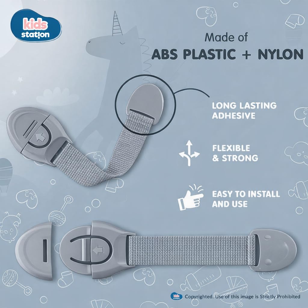 Kids Station Baby Safety Nylon Drawer Locks - Strong and Adhesive Child/Toddler/Infants Safety Locks for Drawers, Cabinets, Fridge and Cupboard - Baby Proofing Product - Pack of 6 (Grey) 2