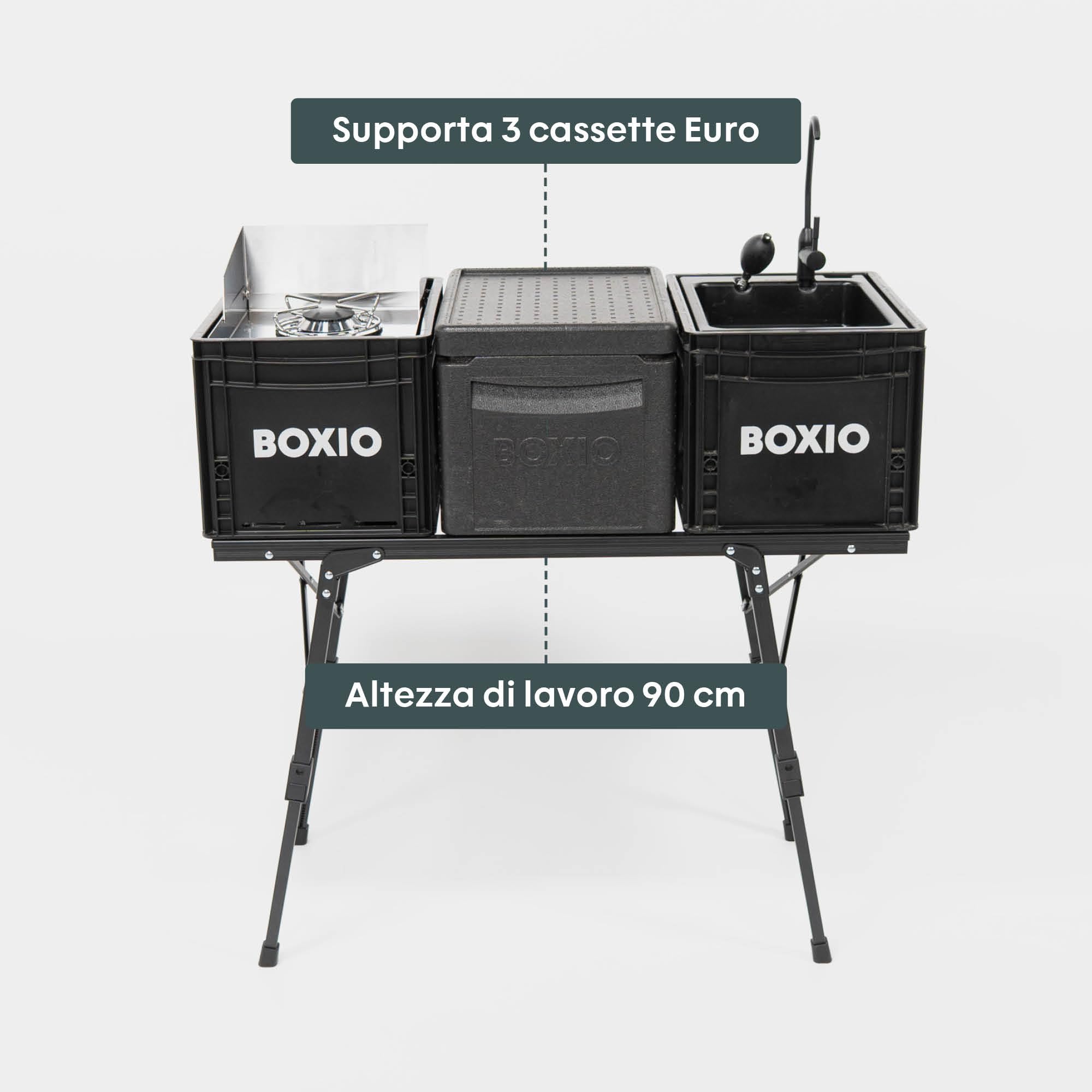 BOXIO - Kitchen Bundle Plus: cucina da campeggio mobile senza elettricità con scatola di cottura, lavabo, fornello a gas e tavolo con accessori per esterni, set di pentole, tagliere per il