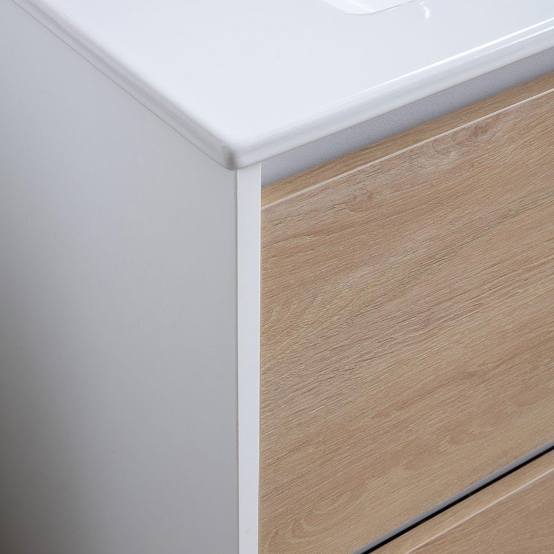 Kiamami Valentina - Mobile Bagno A Terra Da 80Cm Bianco Con Lavabo E Cassetti Rovere | Laguna