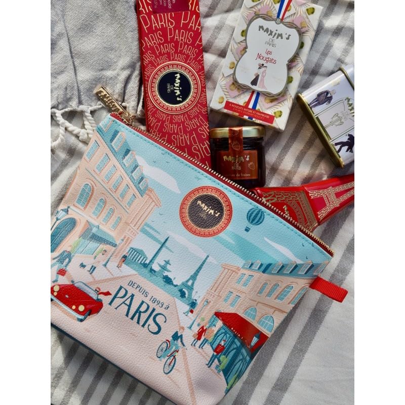 Maxim's de Paris French Gift Set - Bonjour Paris Pouch with Chocolate, Nougat, Strawberry Jam, Eiffel Tower Tin & Mini Collectible Tins | Premium French Gift Box, Made in France
