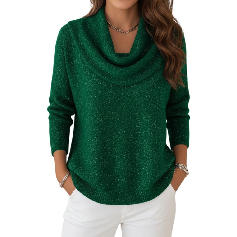 TIAFORD 2025 Christmas Glitter Cowl Neck Sweater for Women Trendy Festive Holiday Shimmer Knit Long Sleeve Pullover Tops