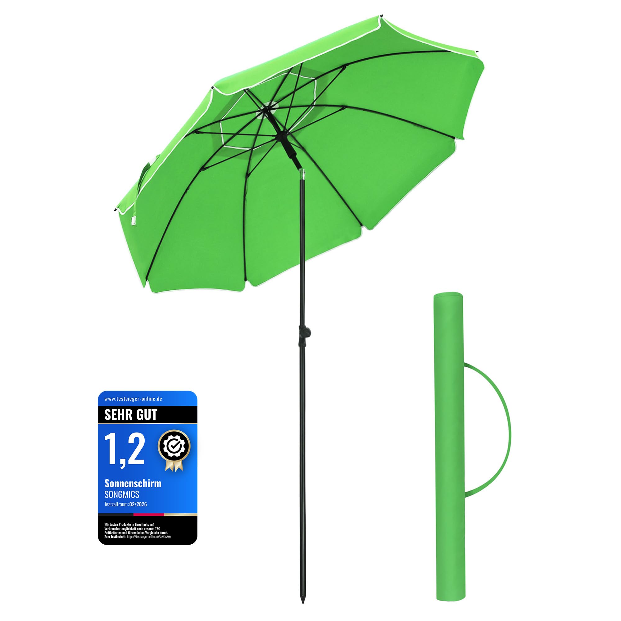 SONGMICS Sonnenschirm 160cm, Sonnenschutz UPF 50+, Strandschirm, 30° Biegbar, Höhenverstellbar, mit Tragetasche, für Balkon Garten Terrasse Strand ohne Ständer Grün GPU60GN
