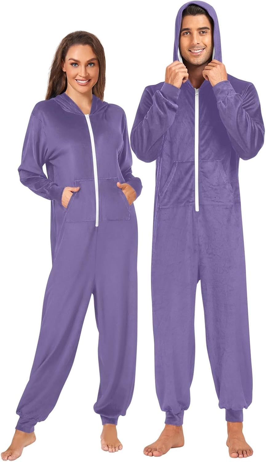 Violet Adult Onesie Pajamas, Soft Plush One Piece Loungewear with Hood and Zipper for Men Women Christmas Sleepwear