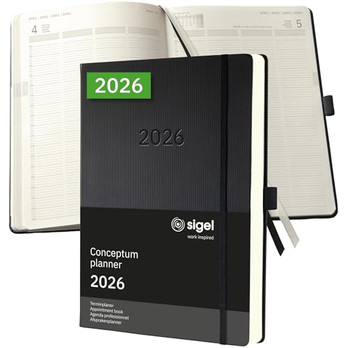 SIGEL(シゲル) 企画書XXL 2026年 A4+ 1日=1ページ 4人用 ブラック ハードカバー 480ページ ゴムバンド付き ペンループ アーカイブポケット サステナブルペーパー製 コンセプタム C2604