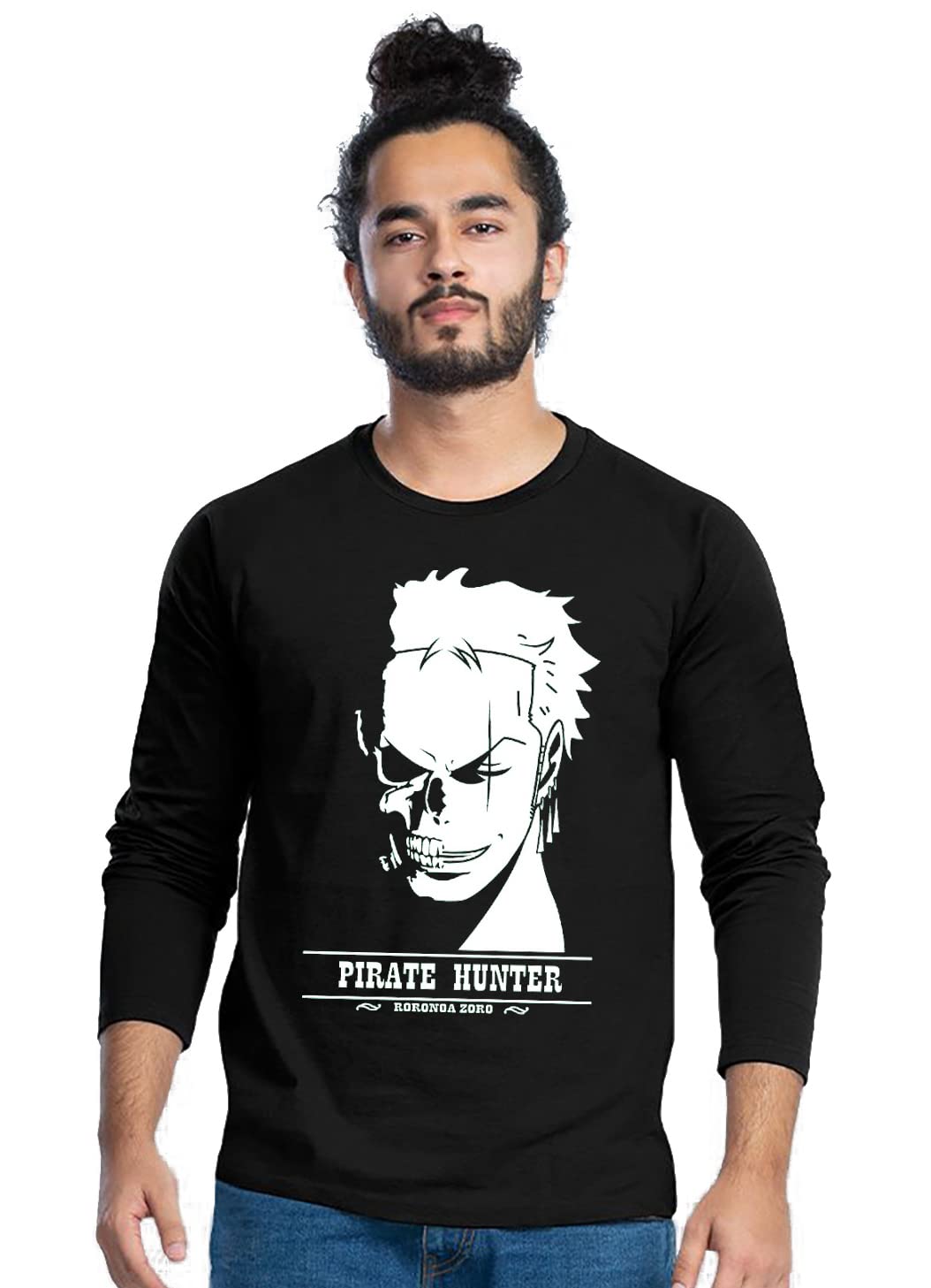 VIKCLIQUE Anime One Piece Luffy Pirate Hunter Zoro Ace Cotton Blend Printed Full Sleeve Round Neck Black T-Shirt for Men's/Boy's
