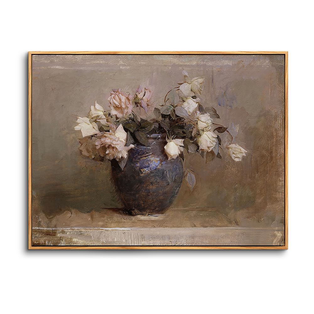 hyidecorart Cuadros Decoracion Dormitorios con Marco Madera, 30x40 cm Vintage Lienzos Decorativos Pared Salon, Cuadros Pequeños Decoracion Pared Rosas en Florero, Wall Art Comedor Pasillo Baño