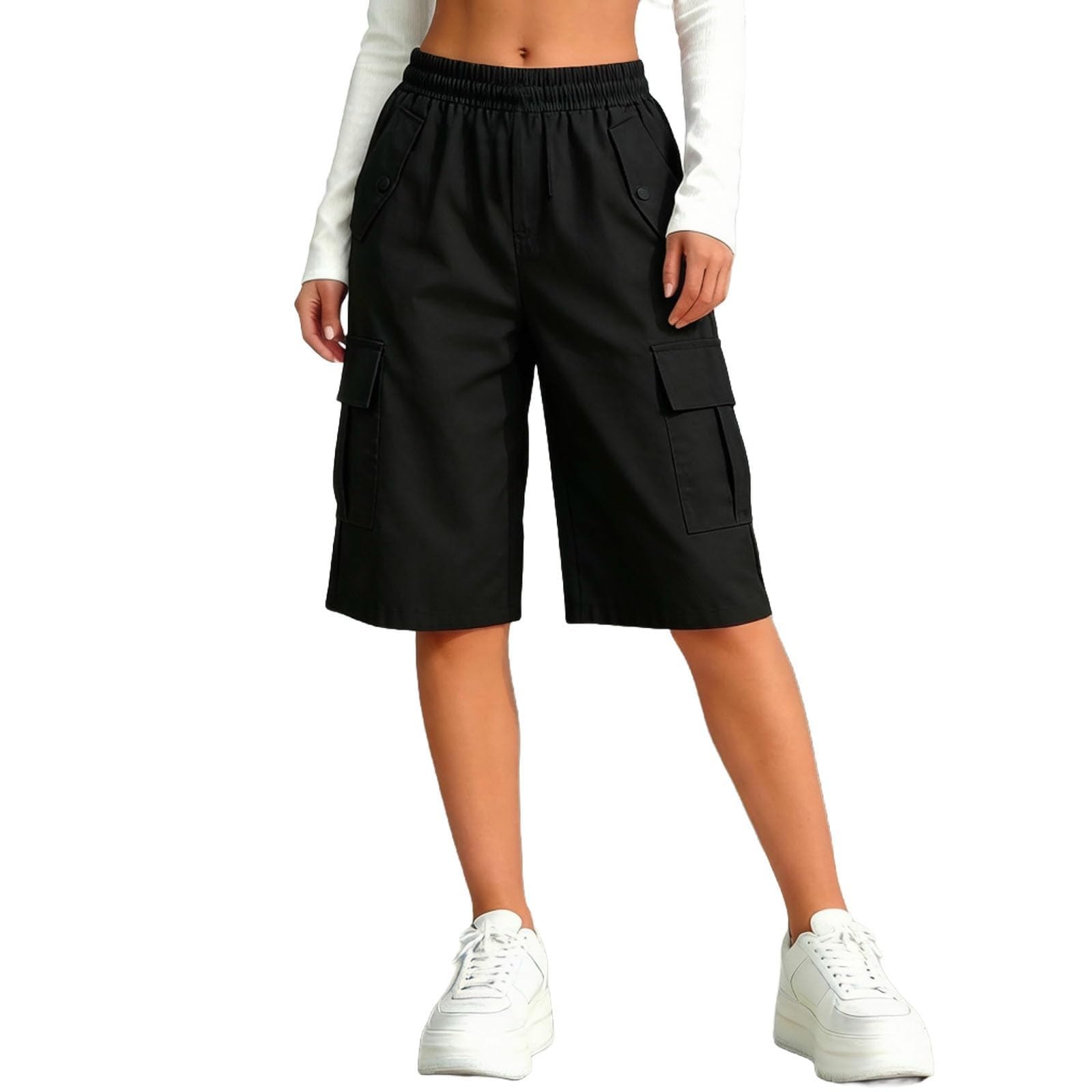 Bermuda cargo da bambina, lunghezza al ginocchio, gamba dritta, con elastico in vita, estivi, casual, leggeri, con tasche