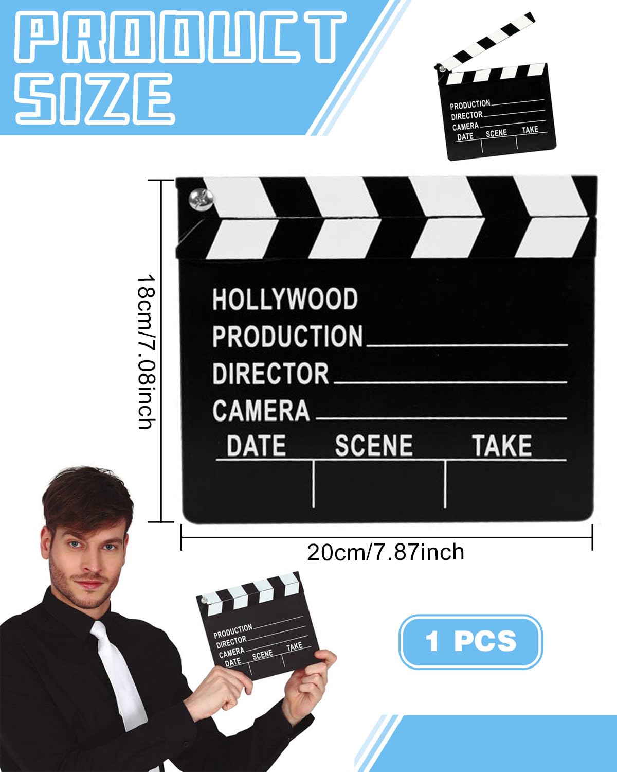 1 clap de cinéma en carton, 20 x 18 cm, clap de réalisateur, tableau de tournage, couverture à rabat, notes de scène, couverture effaçable, accessoire de tournage (noir et blanc)