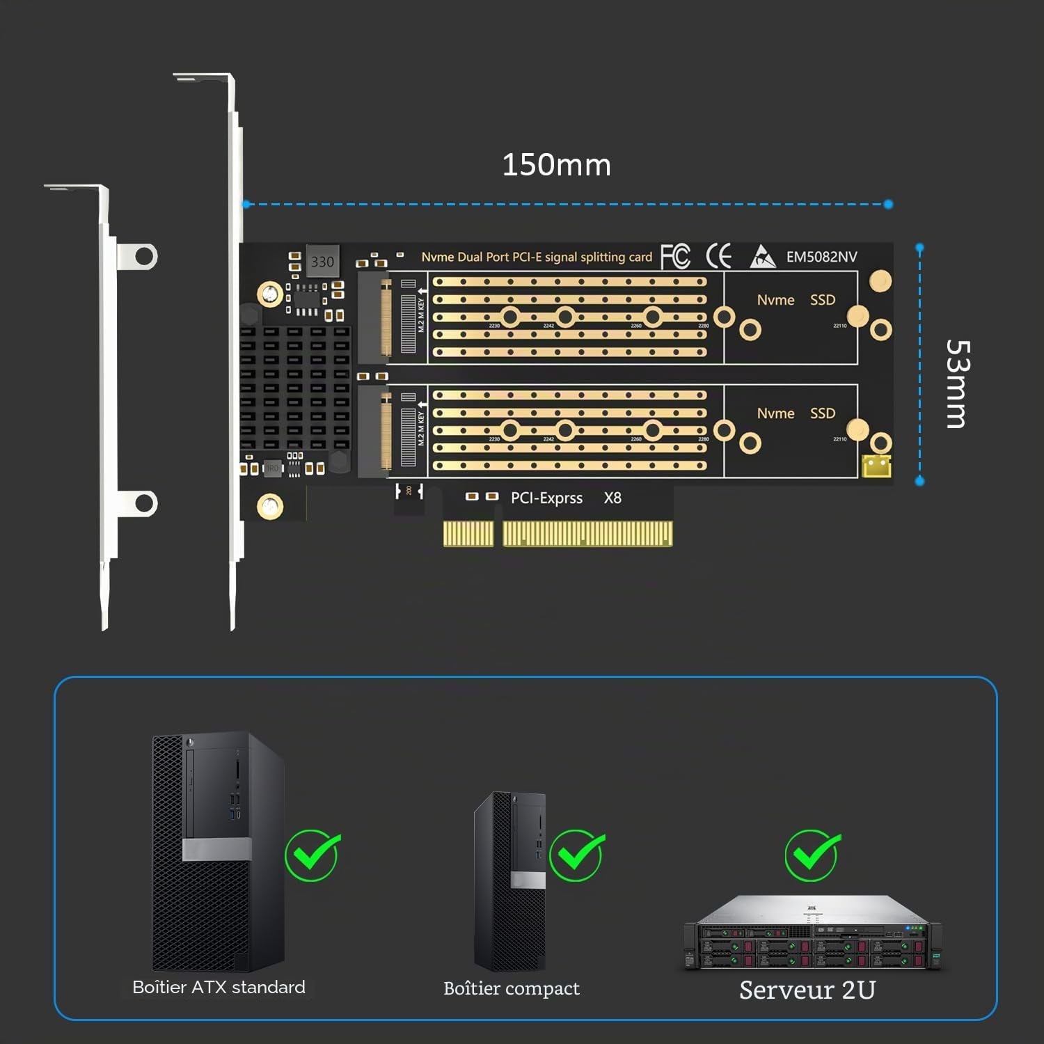 GLOTRENDS PA21 Dual Adaptateur M.2 NVMe vers PCIe 4.0 X8 sans Bifurcation PCIe, Configuration Raid M.2 NVMe Via l'outil du OS(Support 22110/2280 Size), (Carte mère avec Bifurcation PCIe requise)