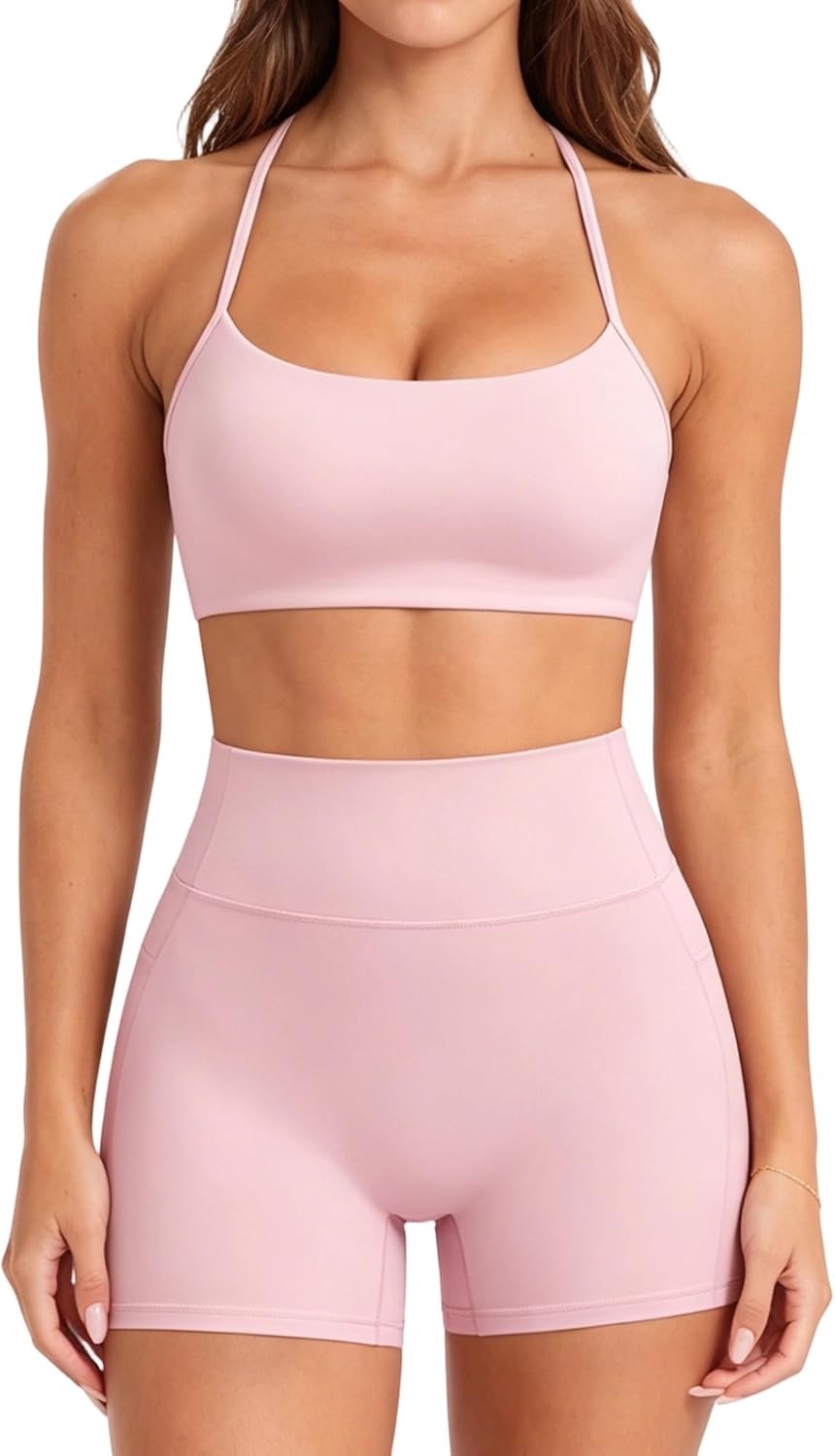 SUUKSESS Women 2 Piece Workout Sets Padded Halter Sports Bras High Waisted Biker Shorts with Pockets