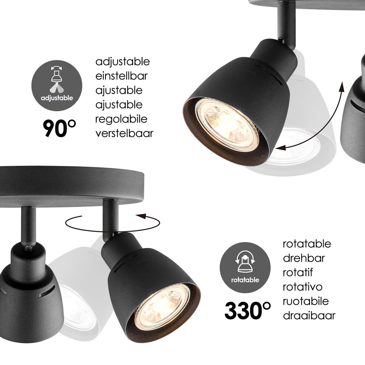 Home Sweet Home Spot moderne | Noir | Avec douille 3 GU10 | 19 x 19 x 13.5 cm | Pour salon et chambre | En métal | Sans ampoule