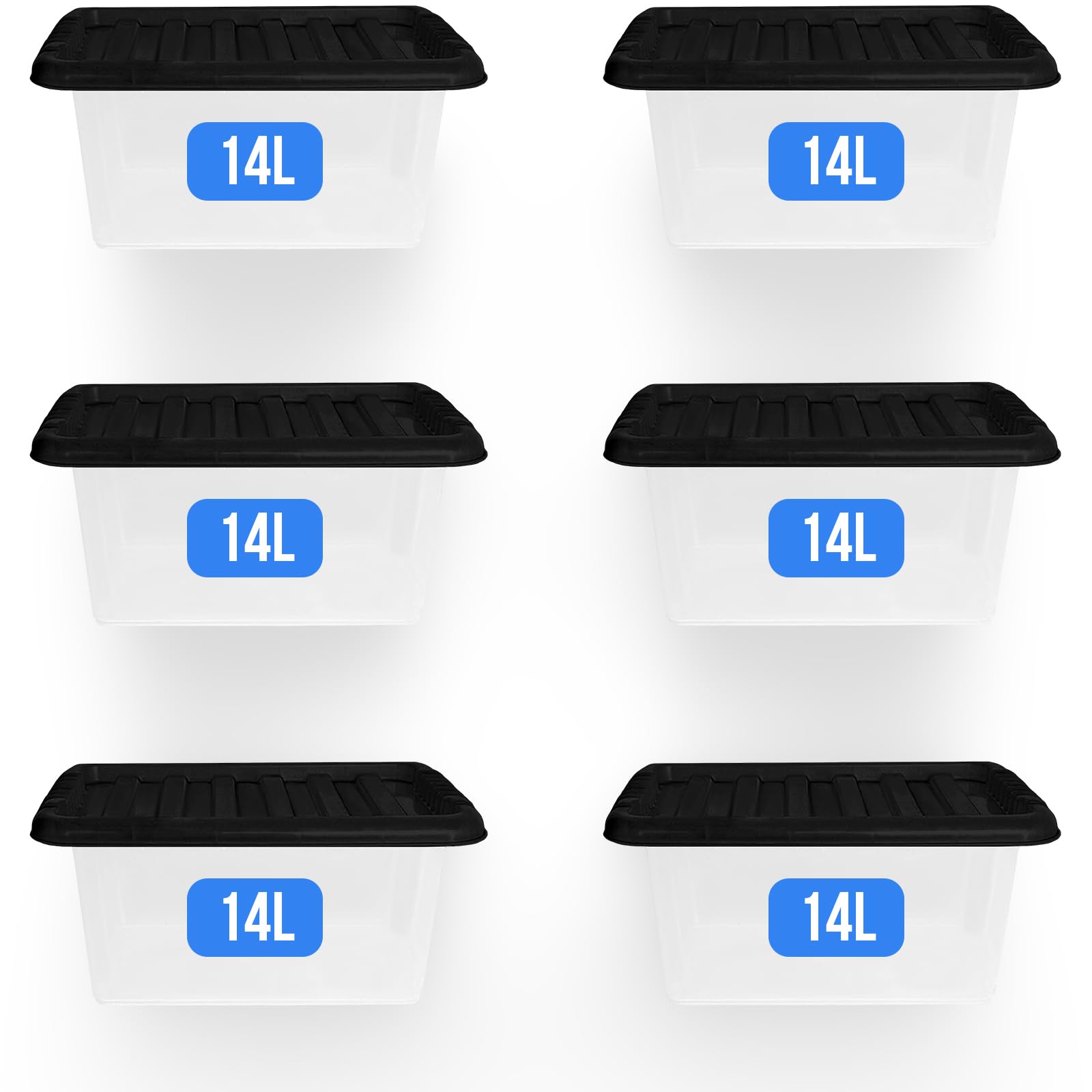 KAPCO Space-Saving Containers - Small 14 Litre Stackable Storage Boxes with Lids (6-Pack) | Clear Plastic Boxes for Home Organization - Ideal for Craft, Shoe, Toys and Kitchen Essentials | 14 Litre
